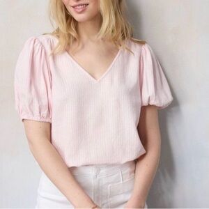 Lauren Conrad Women’s SM Pink/White Striped Puff Sleeve Vneck Blouse Work Office